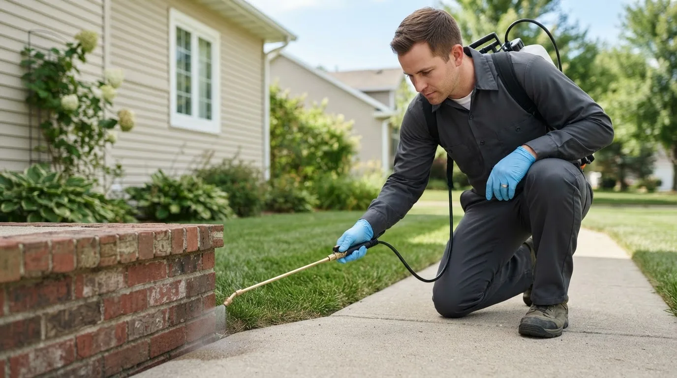 Pest control technician treating a home near Breezy Point, NY